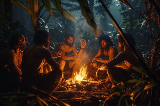In the wild, ancient Neanderthals embrace their civilization's traditions around the campfire, illuminating their primitive lifestyle.