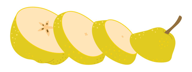 Fresh ripe Pear slice icon. Healthy vegetarian snack, cut Pear for design, infographic. Sliced on pieces Pear. Hand drawn trendy flat style isolated on white. Vector illustration