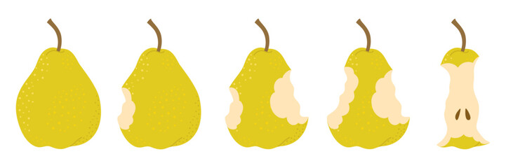 Pear eating steps cartoon icon set. Stages of biting red ripe Pear from whole to half and core, bite progression cartoon set sequence animation of eaten fruit. Trendy flat style vector illustration