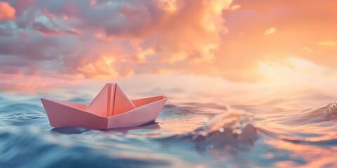 Sailing a paper boat on pastel waves under a dreamy sky. Concept Paper Boat, Pastel Waves, Dreamy Sky, Sailing, Adventure