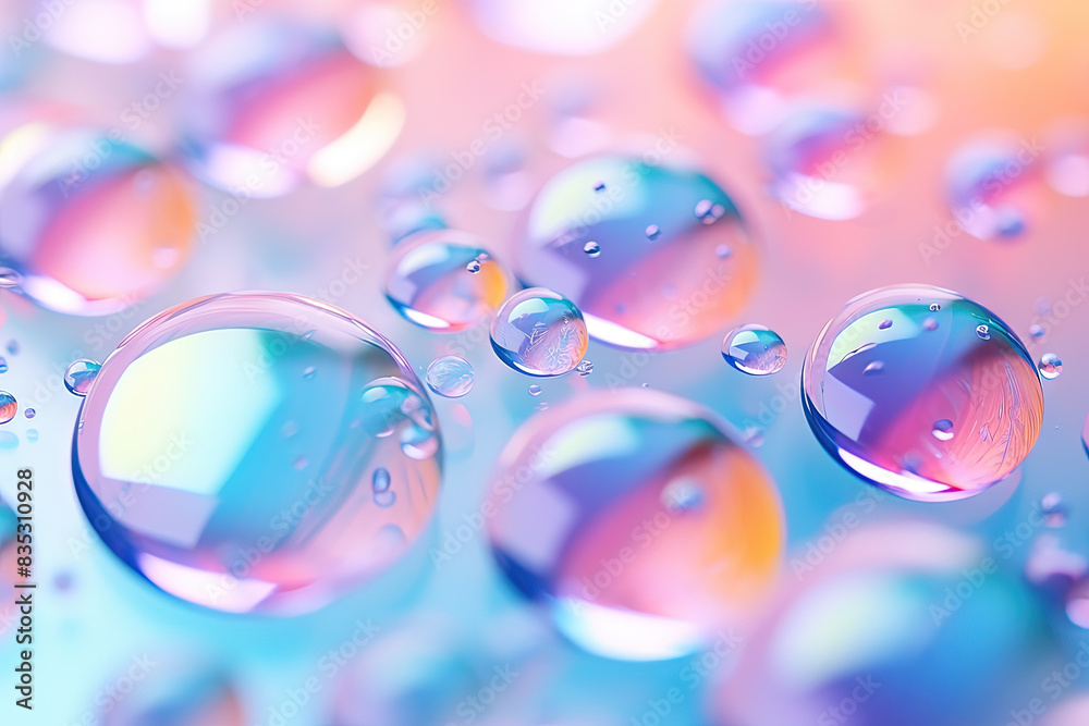 Poster pink holographic bubbles floating on the soft colorful abstract background in beautiful vivid tones.