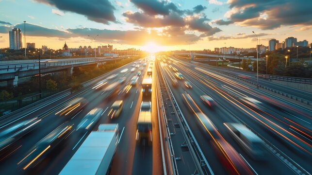 Heavy traffic moving at speed on expressway in city at sunset motion blur.