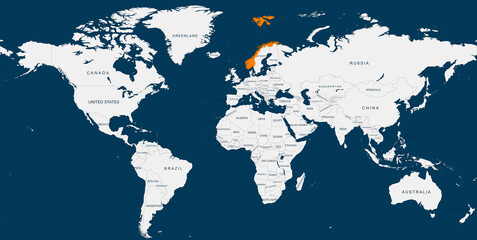 Obraz premium Norway map.Geographical map of Norway with world map highlighted.