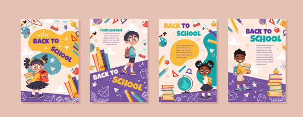 Back to school vector banner set. Flyer design with cute children and education element. Posters with different kids for poster, wallpaper,  print, website. Vector background for your design