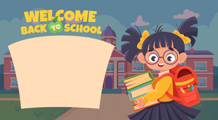 Welcome Back to school banner with cute girl in glasses and school uniform, backpacks and with books. Vector illustration with white spaces for text and college building on background