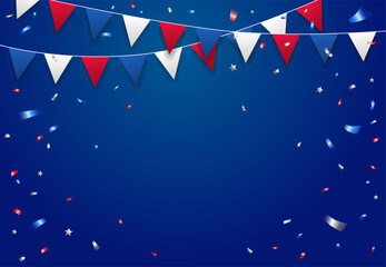 Fototapeta premium Festive background with hanging flags garland and confetti for American holidays. July 4th Independence day