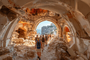 A group of tourists taking a guided tour through an ancient ruin. Concept of historical sites and guided tours. Generative Ai.