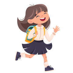 Little school girl smiles and waves  with backpacks. Cartoon character Isolated on white background. Vector illustration with back to school concept