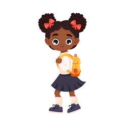 African American school girl with backpack going to school. Cartoon vector illustration isolated on white background. Back to school concept