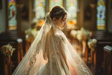Naklejka premium A bride walking down the aisle, her gown trailing behind her. Concept of elegance and tradition in weddings. Generative Ai.