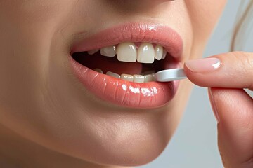 Fototapeta premium Woman taking a pill, mouth close-up