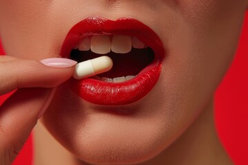 Naklejka premium Woman taking a pill, mouth close-up