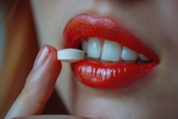 Naklejka premium Woman with red lipstick taking a pill