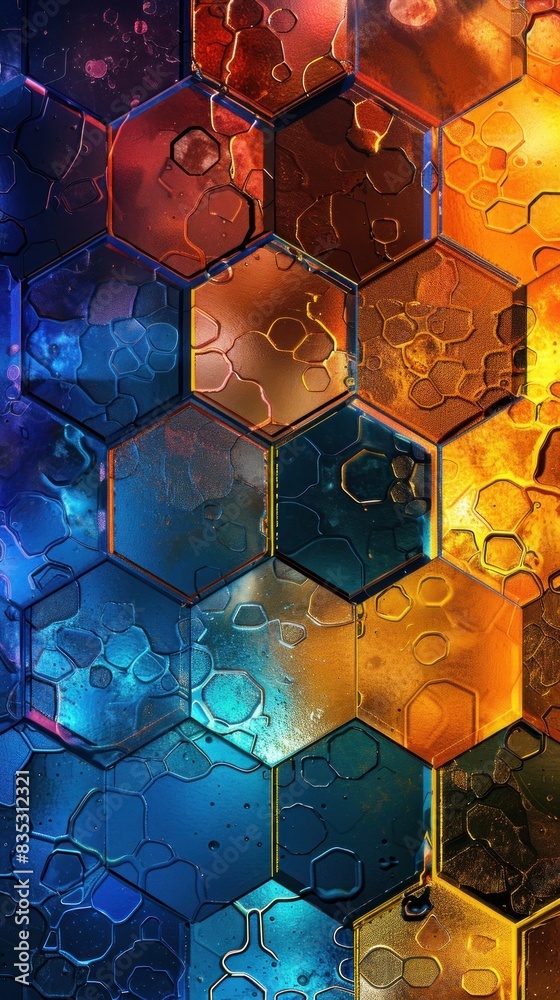 Wall mural intricate honeycomb-inspired design set against a contrasting multicolored backdrop, capturing the e