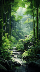 A dense bamboo forest, where the green columns rise high into the sky, barely moving in the breeze, and the filtered light creates patterns on the forest floor, inviting quiet contemplation.