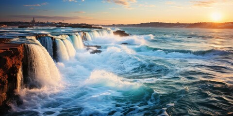 A scenic sunset over a waterfall crashing into the ocean - Powered by Adobe