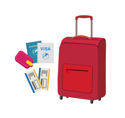  a suitcase on wheels. passport, ticket, vacation visa. white vector  isolated.