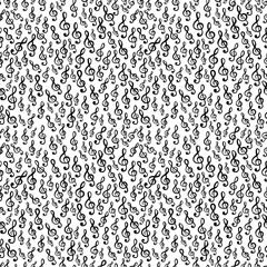 Treble clef music symbols on white background floating over white backdrop in seamless pattern. Surface art texture for use in fabric or graphic design or printing on various surfaces.