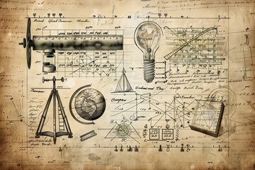 Vintage Hand-Drawn Scientific Formulas on Whiteboard: Physics, Math, Chemistry, Biology,