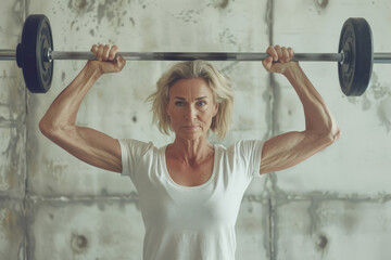 Fototapeta premium Strong senior woman with a barbell above her head