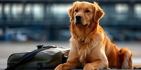 Golden Retriever Travels to New City with Luggage, Waiting at Airport. Concept Pets Traveling,...