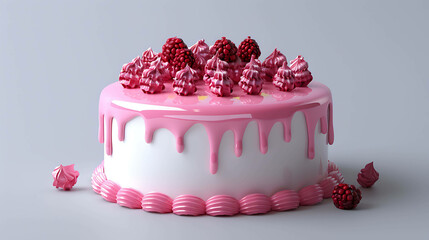 ðŸŽ‚ðŸ°ðŸ§This image shows a delicious cake with pink frosting and raspberries on...