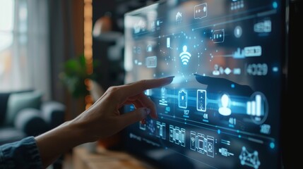 Modern Technology Concept: Hand pushing Smart home Automation Control System Ui