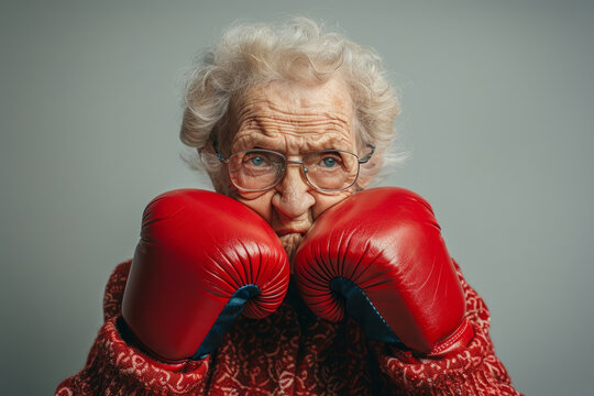 Angry senior woman wearing boxing gloves