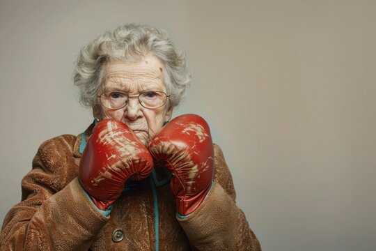 Angry senior woman wearing boxing gloves