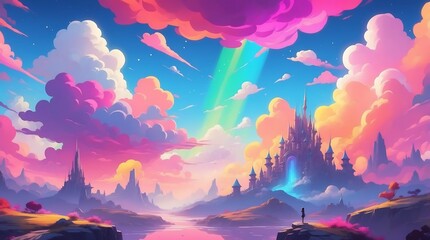colorful world with pink landscape vector. Fantasy magic pink with cloud in sky and castle environment. 