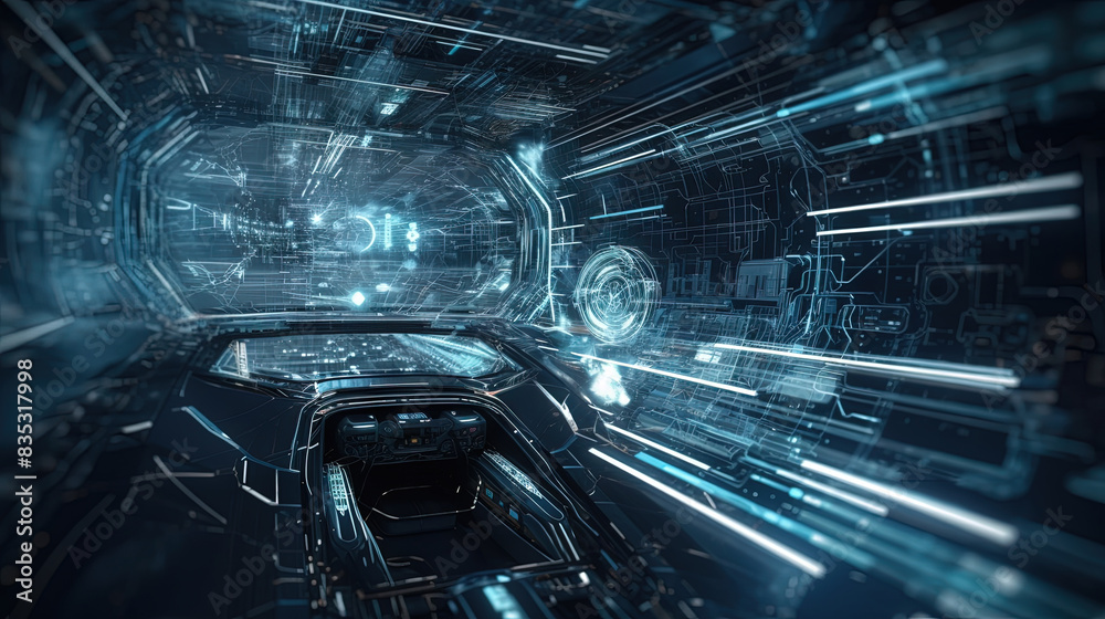 Poster Abstract technology burst with glowing wires and particles in motion. Technology and science dynamic background.