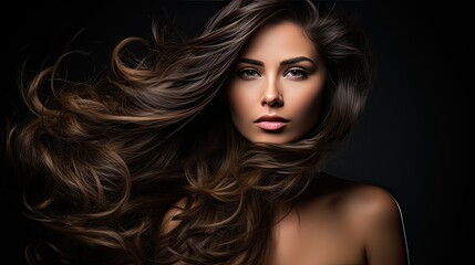 Fototapeta premium Beautiful female face with powerful silky hair and chic hairstyle. Perfect image of a beautiful brunette woman. Feminine image of natural beauty. Illustration for beauty and fashion magazine.