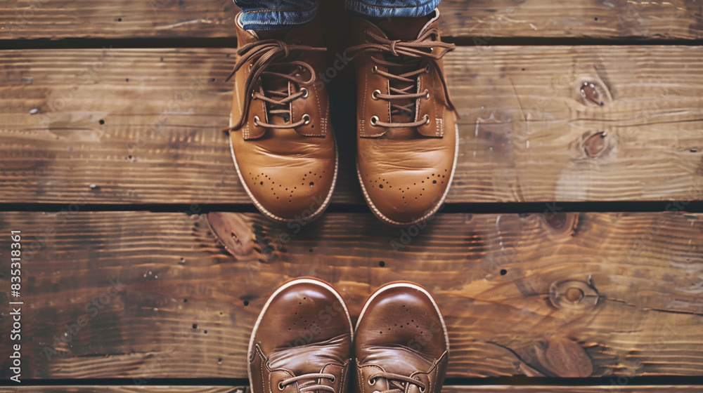 Wall mural Father and son brown shoes on wooden background, with copy space.