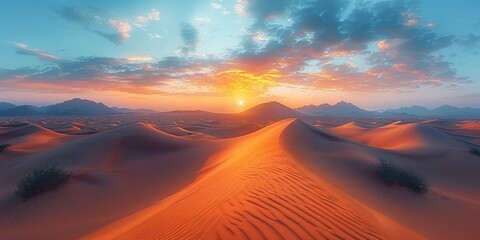 A stunning desert sunset with golden sand dunes, vibrant orange skies, and tranquil beauty.