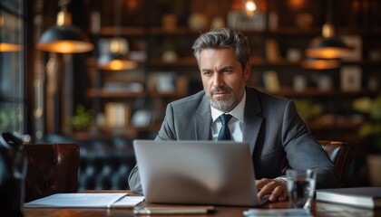 Focused businessman at work on laptop