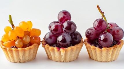 Exquisite arrangement of grapes and assorted fruit tarts on a pristine white background (close up, dessert photography, vibrant, Composite, minimalist backdrop)