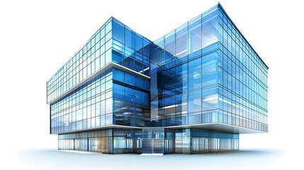 Fototapeta premium Modern business center with blue-tinted windows, blurred glass facade, abstract 3D rendering, isolated on white background, copy space
