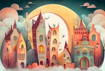 Architectural building watercolor hand drawn landscapes colorful background environment sketch Generative AI	