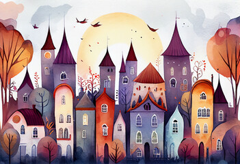 Architectural building watercolor hand drawn landscapes colorful background environment sketch Generative AI	
