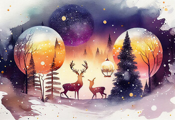 Magical winter scene with deer, lantern, and snow in a dreamy, colorful forest setting. Perfect for holiday and nature themes.