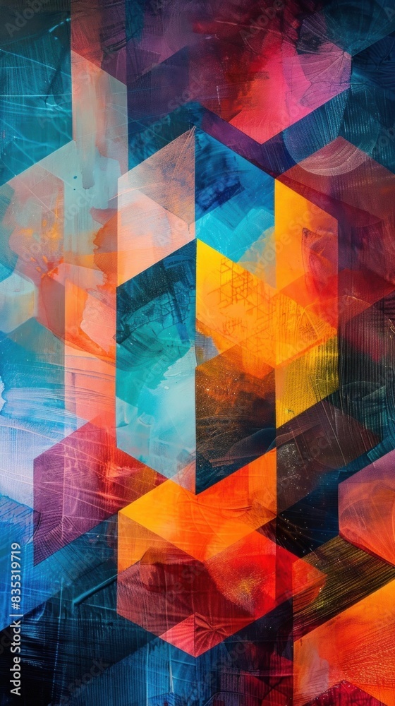 Wall mural hexagonal shapes intersect with dynamic, overlapping forms on a vibrant, energetic background, a dan