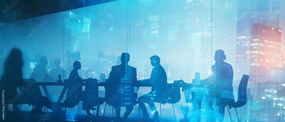 Poster silhouetted figures in a meeting room with a double exposure effect, showcasing innovative solutions