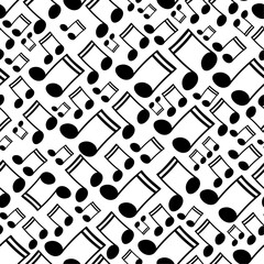 Beam music notes tilted diagonally and arranged in vector seamless pattern. Surface art texture in black and white for use in fabric or graphic design or printing on various surfaces.
