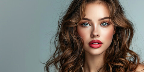 Fototapeta premium Beauty portrait of a young woman with bright red lipstick with long hair