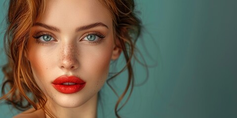 Fototapeta premium Beauty portrait of a young woman with bright red lipstick with long hair