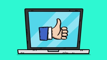 Animation showing a laptop opening and a thumbs up icon appearing on the screen. Hand drawn movie clip.