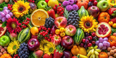 An assortment of colorful fruits and flowers arranged in a vibrant display, fresh, vibrant, assortment, colorful, arrangement, nature, botanical, harvest, ripe, organic, garden, tropical