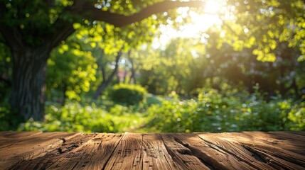 Wooden table surface with lush green garden backdrop