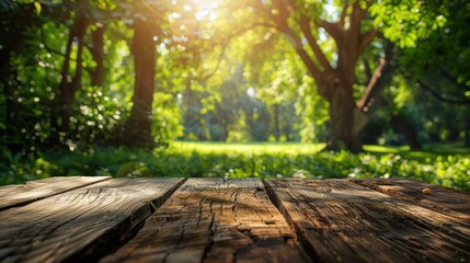 Wooden table top with viewpoint to a fresh green park