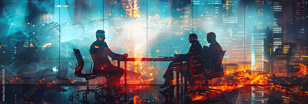 Poster silhouetted figures in a meeting room with a double exposure effect, showcasing innovative solutions